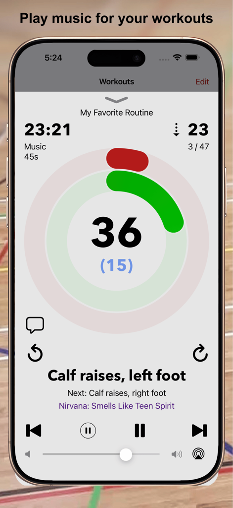 MC-Timer - MC-Timer app interface showing a fitness interval timer with music and exercise name.