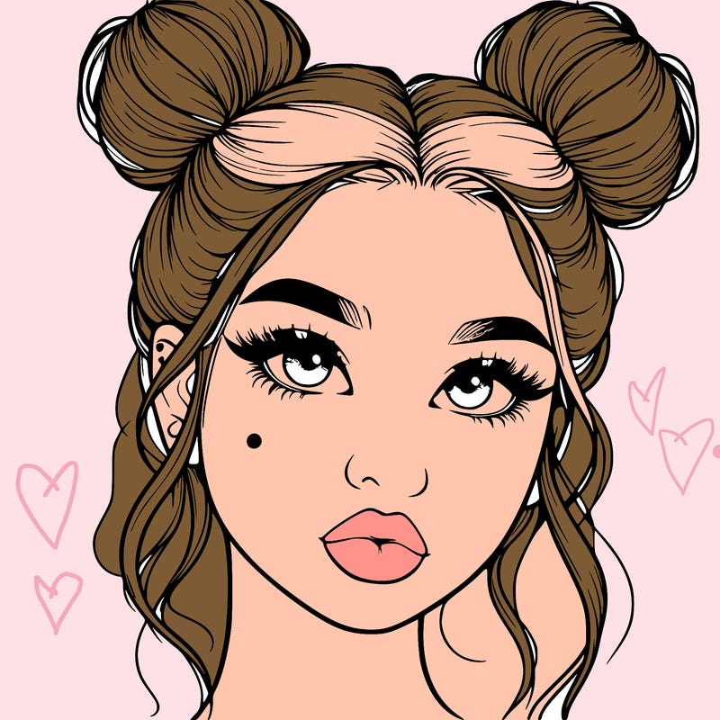 realistic girl with two buns on her hair and lips