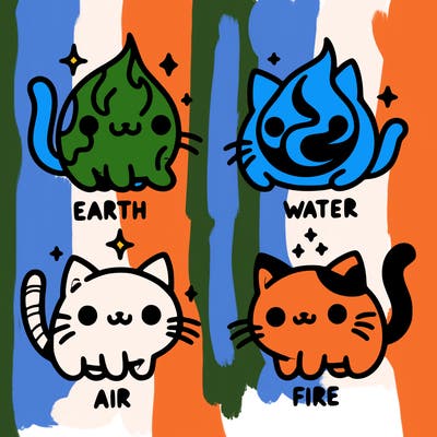 4 cats that represent the different elements, earth, water, air, and fire