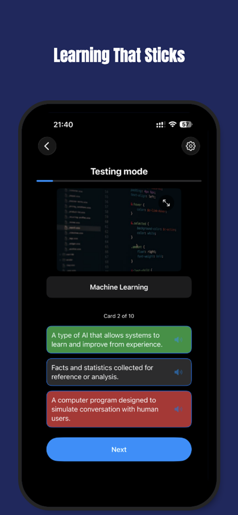 Una schermata dell'app mobile che mostra una modalità di test per l'apprendimento automatico con risposte a scelta multipla e un pulsante 'Avanti'.