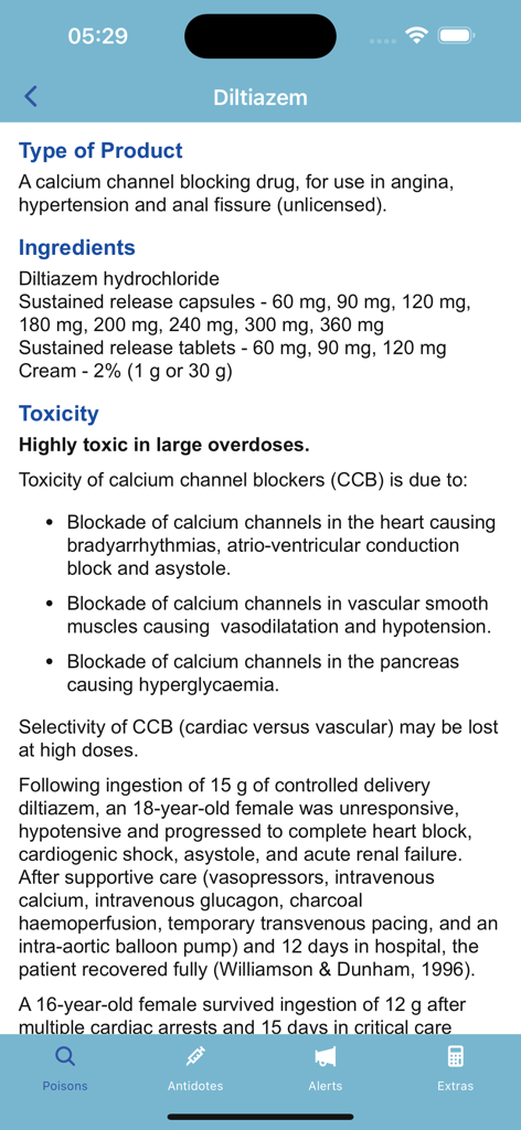 TOXBASE - Toxbase app screen showing toxicity profile and clinical management for Diltiazem overdose