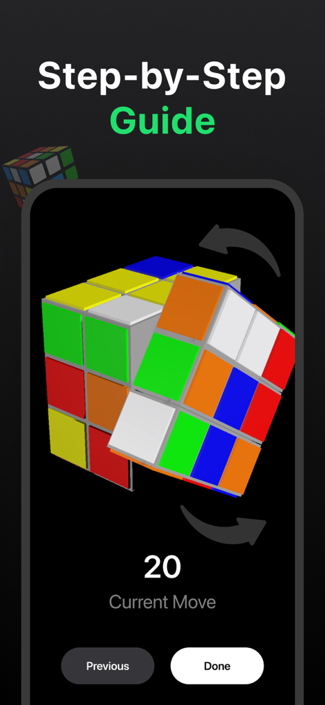 Rubiks Cube Solver AI - SolveQ - A step by step guide in the SolveQ app showing visual 3D instructions to solve a Rubiks cube