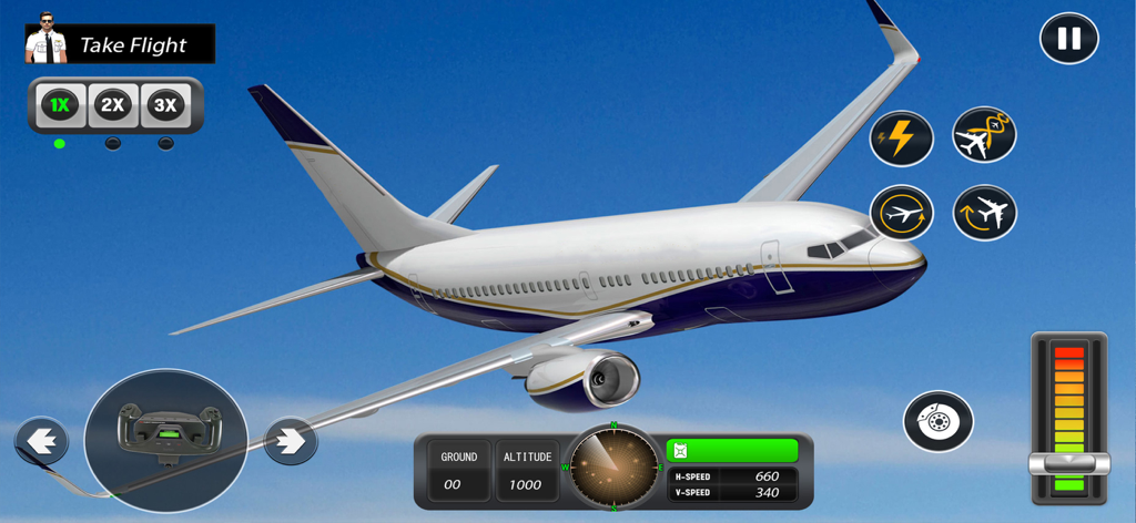 Aircraft Flight Simulator 2024 gameplay with a passenger jet flying in the sky