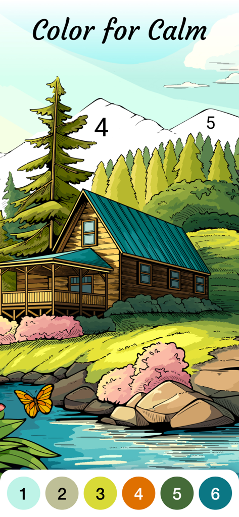 Zen Color - Color By Number - Zen Colorアプリのインターフェース。リラクゼーションのための数字で塗り絵用の、静かな山のキャビン風景が表示されています。