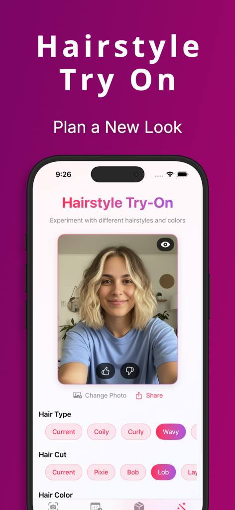 Curly Hair Scanner & Care Plan - Interface of the Curly Hair Scanner app showing the AI Hairstyle Try-On feature with options for hair type, cut, and color.