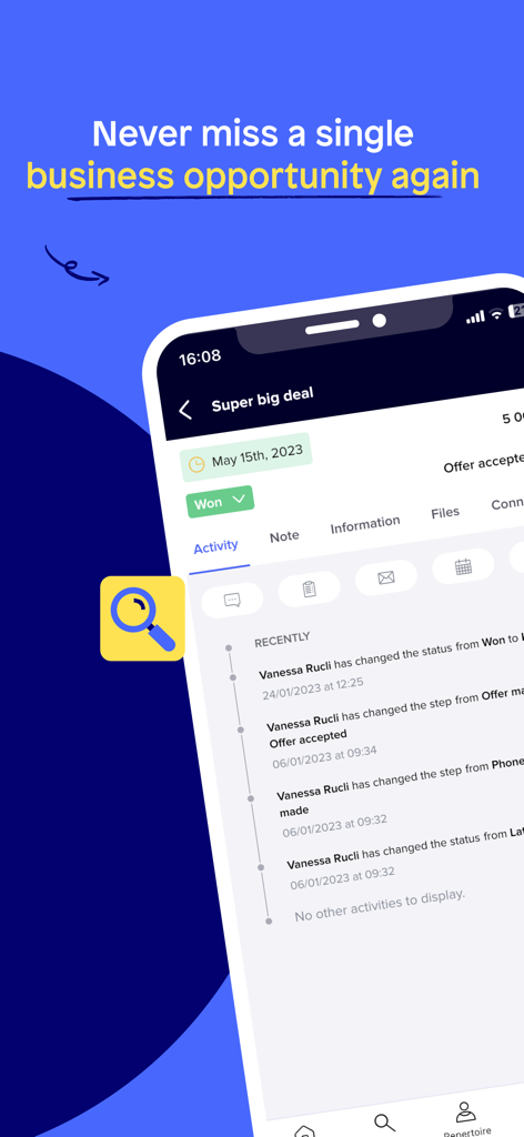 Sellsy CRM - Sellsy CRM mobile app interface displaying a business deal timeline and activity history updates