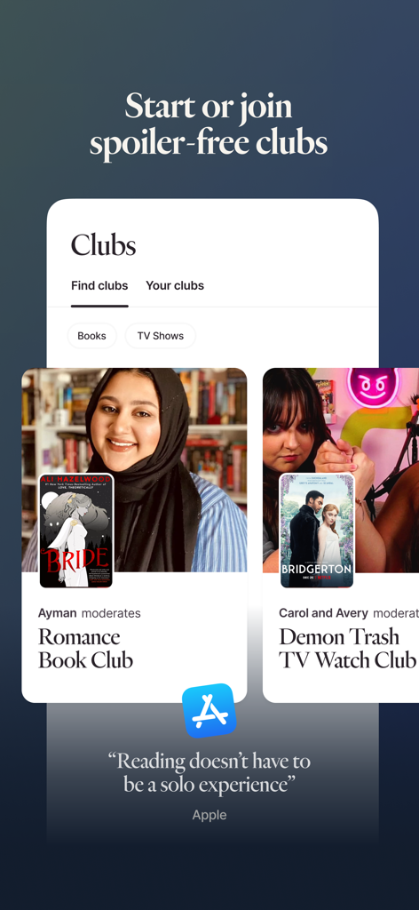 Fable: Track & Discuss Books - A screenshot of the Fable app interface showing various book and TV clubs with a featured Romance Book Club and TV Watch Club.