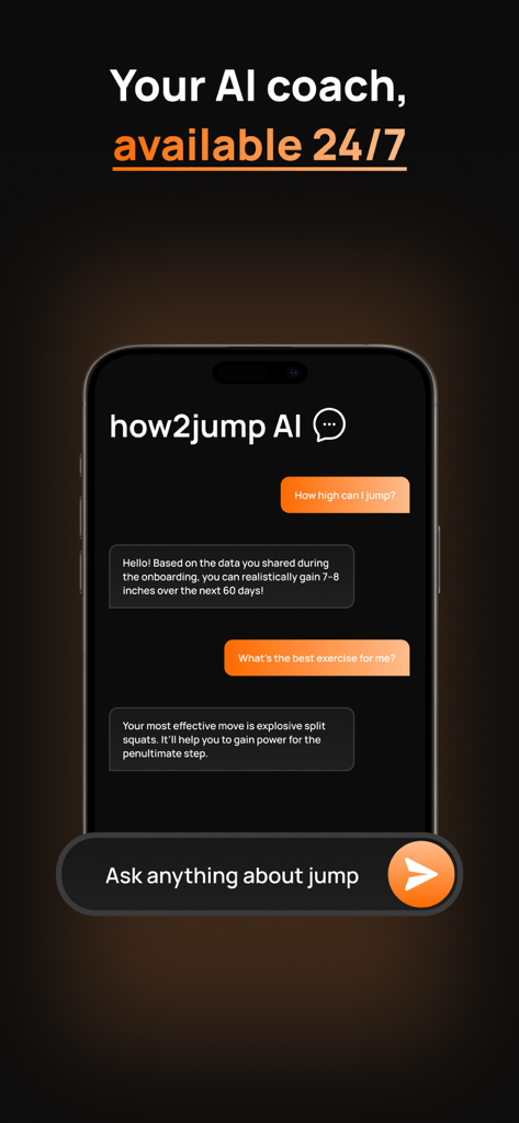 How2Jump: Jump Higher, Faster - Interface of the How2Jump app showing an AI coach providing personalized vertical jump training advice in a chat.