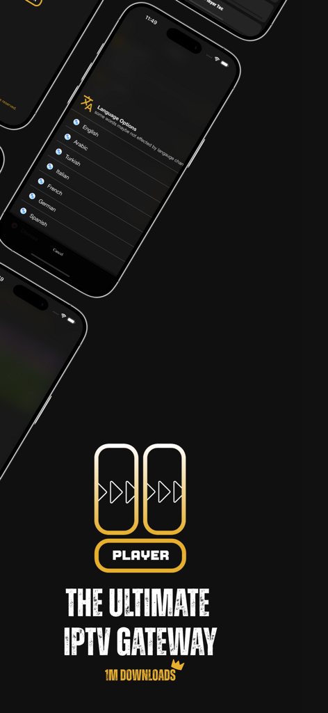 000 Player - Werbebildschirm der 000 Player App, der Mehrsprachigkeit und den Slogan The Ultimate IPTV Gateway mit 1 Million Downloads zeigt.