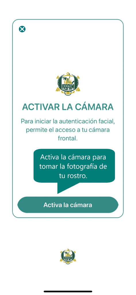 Revista Supervivencia Militar - Schermata che richiede l'attivazione della fotocamera per l'autenticazione facciale nell'app ISSFAM