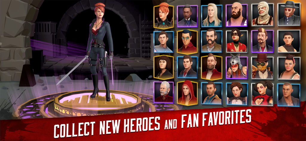Badlands Blade Battle - Pantalla de selección de personajes en Badlands Blade Battle mostrando una lista de héroes coleccionables y favoritos de los fans