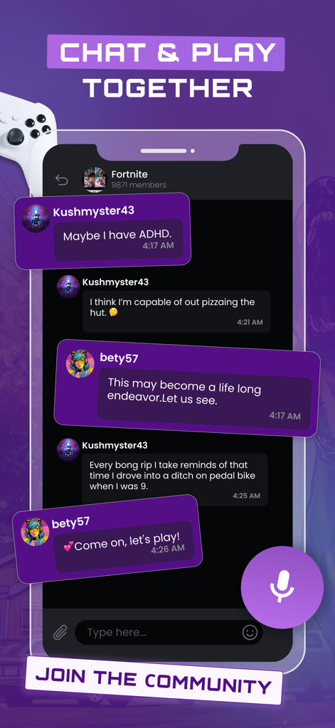 GameTree - Find Gaming Friends - A screenshot of the GameTree app showing a group chat for Fortnite players with a purple and black interface.