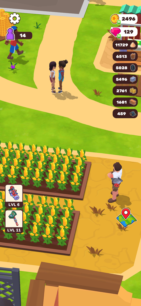 Um personagem ao lado de uma plantação de milho no jogo móvel Wasteland Life Survival Idle mostrando ícones de recursos e mapa.