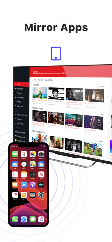 An iPhone wirelessly mirroring its screen to a large smart TV displaying video content