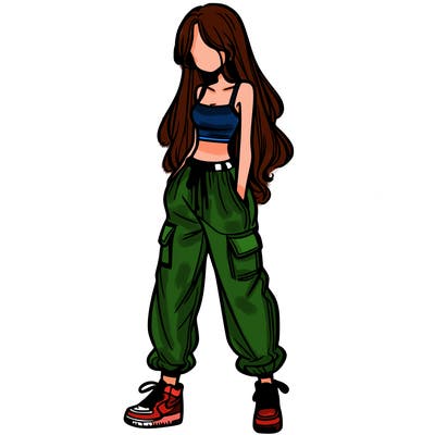 girl in baggy pants crop top and long hair