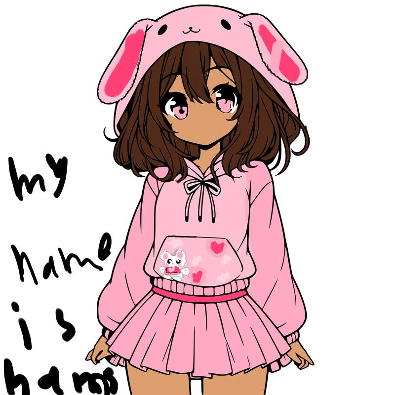 pretty anime girl wearing a fluffy hoodie with bunny ears on the hood and a skirt