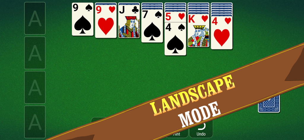 Classic Solitaire Patience game interface in landscape mode showing card layout on a green felt background