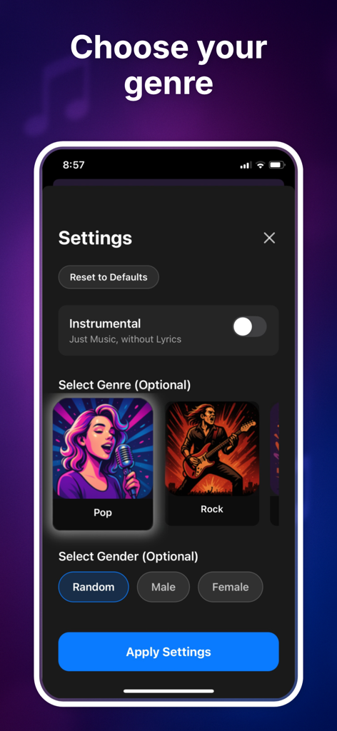 Ai Music Maker - Soneva - Soneva app screen showing music genre and vocal settings for AI song creation