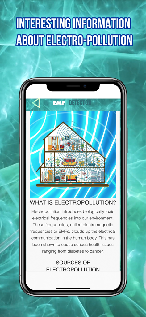 Smartphone screen showing educational information about electro-pollution and its impact on home health
