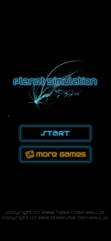 Menu principal do aplicativo Planet Simulation com um título azul neon e um botão de início num fundo preto.