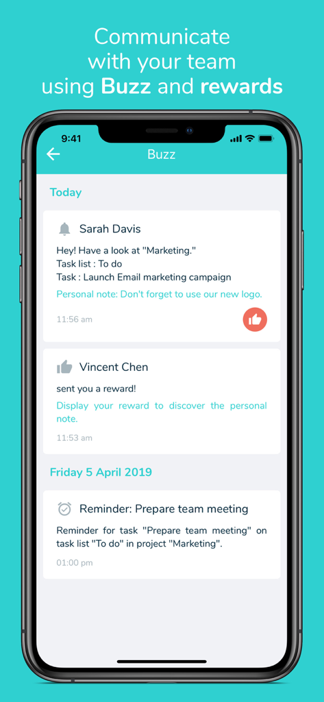 Beesbusy Buzz screen showing team notifications rewards and task reminders on an iPhone