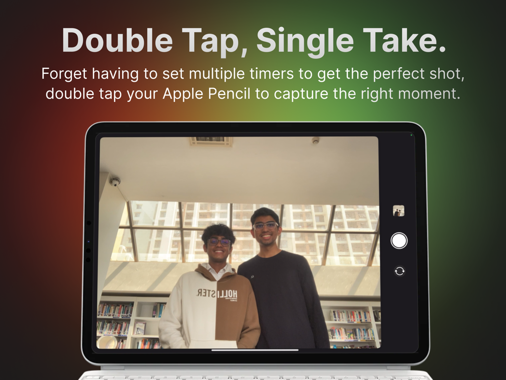 Screenshot of Pencilera app on an iPad showing a group photo and text explaining the double tap gesture to capture images using an Apple Pencil.