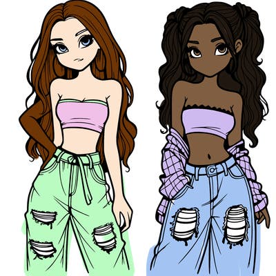 2 girls in crop tops and baggy jeans ripped