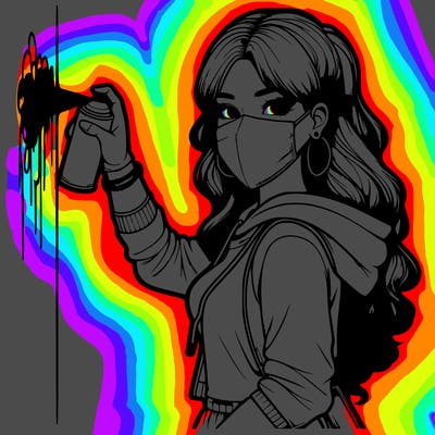 realistic girl with mask spray painting a wall