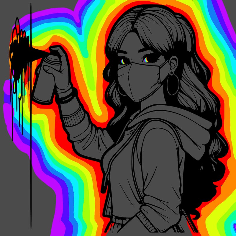 realistic girl with mask spray painting a wall