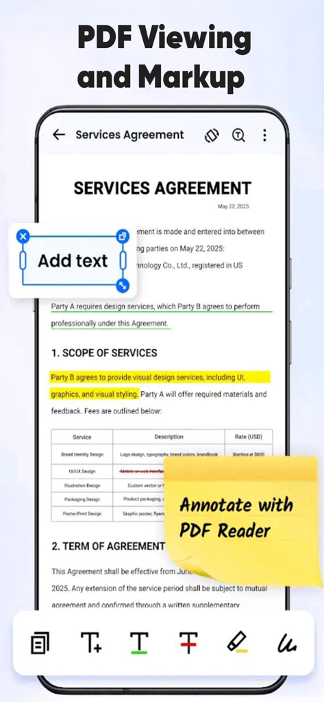 PDF Reader - Scan & View - Una pantalla de smartphone que muestra herramientas de marcado de PDF, incluyendo resaltados y notas de texto.
