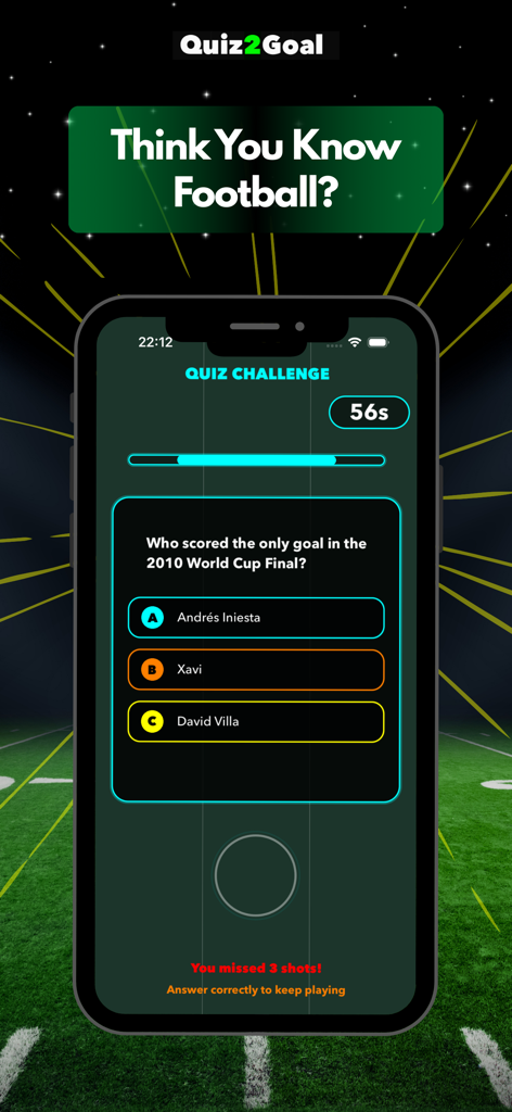 Quiz2Goal - Football Game - A mobile screen from Quiz2Goal showing a football trivia question about the 2010 World Cup Final with multiple choice answers.
