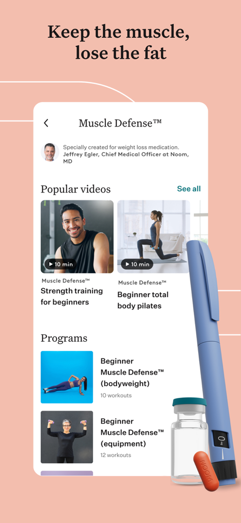 Écran de l'application Noom montrant les programmes d'exercices Muscle Defense et des vidéos d'exercices populaires