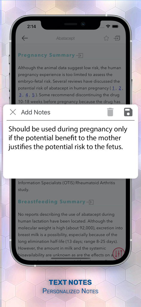 Drugs in Pregnancy Lactation - Recurso de notas clínicas personalizadas para segurança de medicamentos no aplicativo de gravidez e lactação