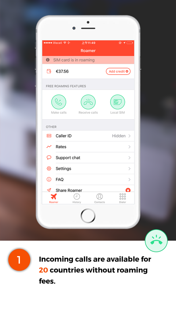 Pantalla de la aplicación móvil Roamer mostrando opciones para llamadas internacionales y identificador de llamadas para evitar cargos de roaming