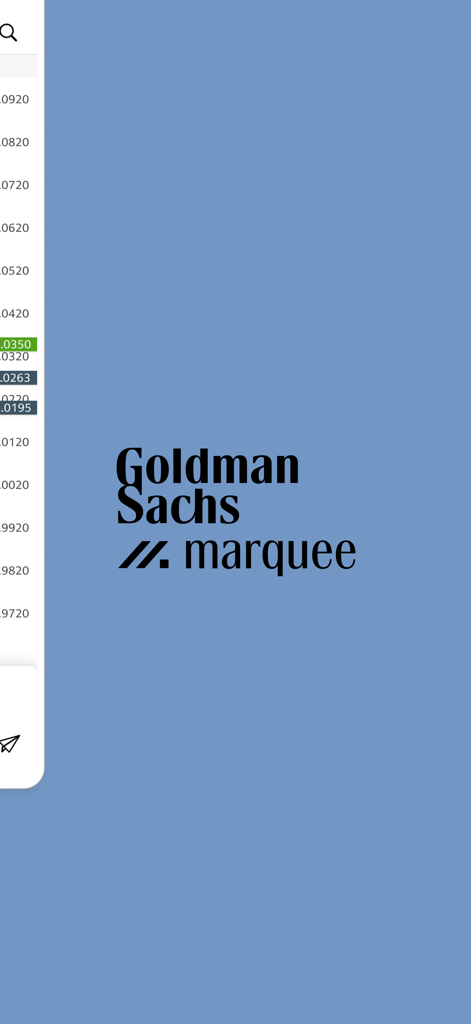 Goldman Sachs Marquee app logo on a blue background with a sidebar showing financial market data.