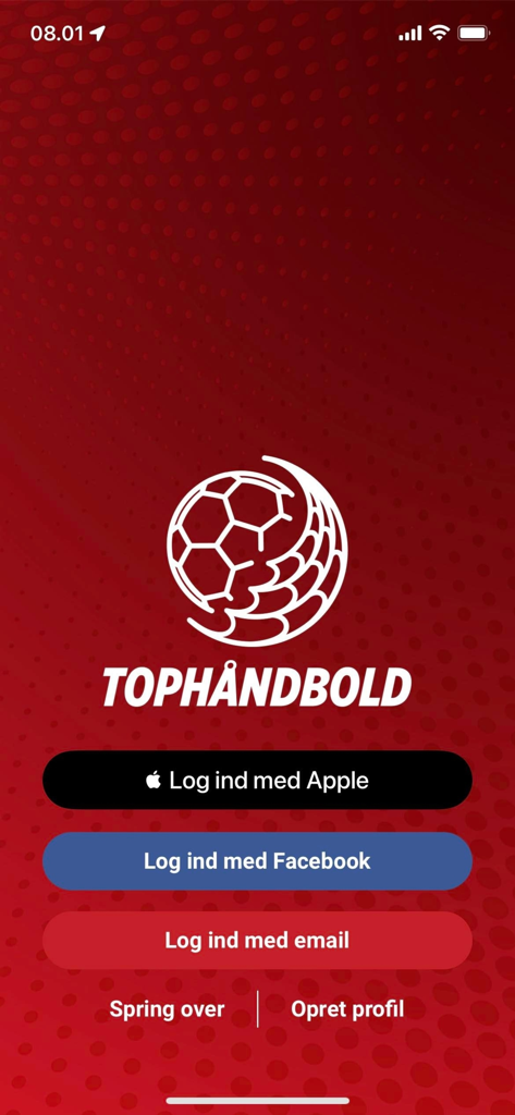 Tophåndbold - Tophandbold app login screen with options to sign in using Apple, Facebook, or email