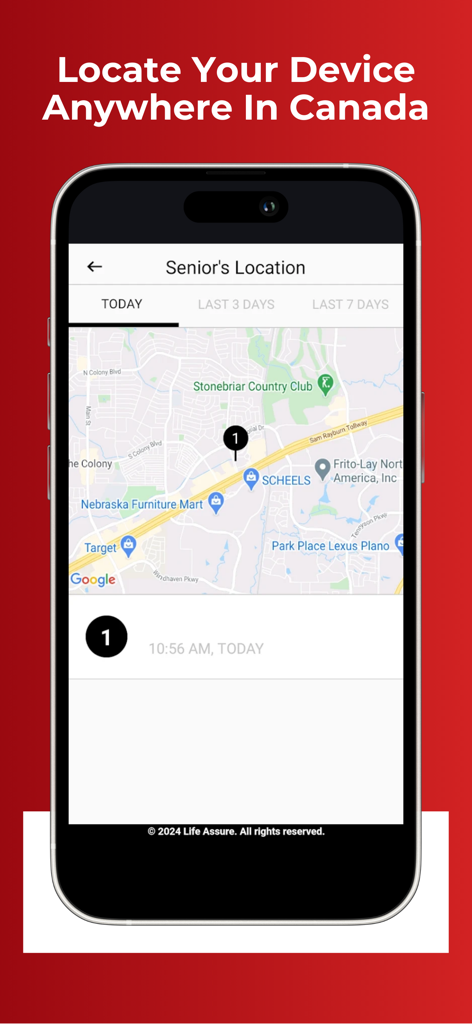 Premium Portal by Life Assure - Smartphone displaying a map with a senior's precise location in the Premium Portal app