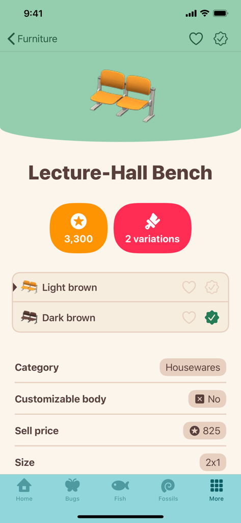 Tela do aplicativo Guia de Viagem ACNH mostrando detalhes de um Banco de Sala de Aula, incluindo preço e variações.