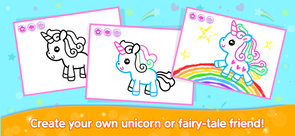 Kids Drawing Games for Girls - Step by step process of drawing and coloring a cute unicorn on a rainbow in the kids app