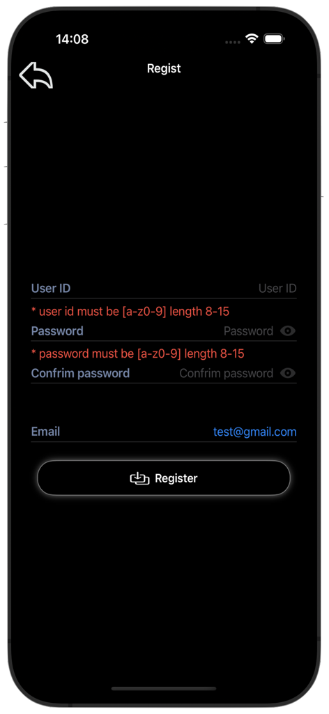 JLVPN. - Página de registro de la aplicación JLVPN con campos de entrada para ID de usuario, contraseña y correo electrónico