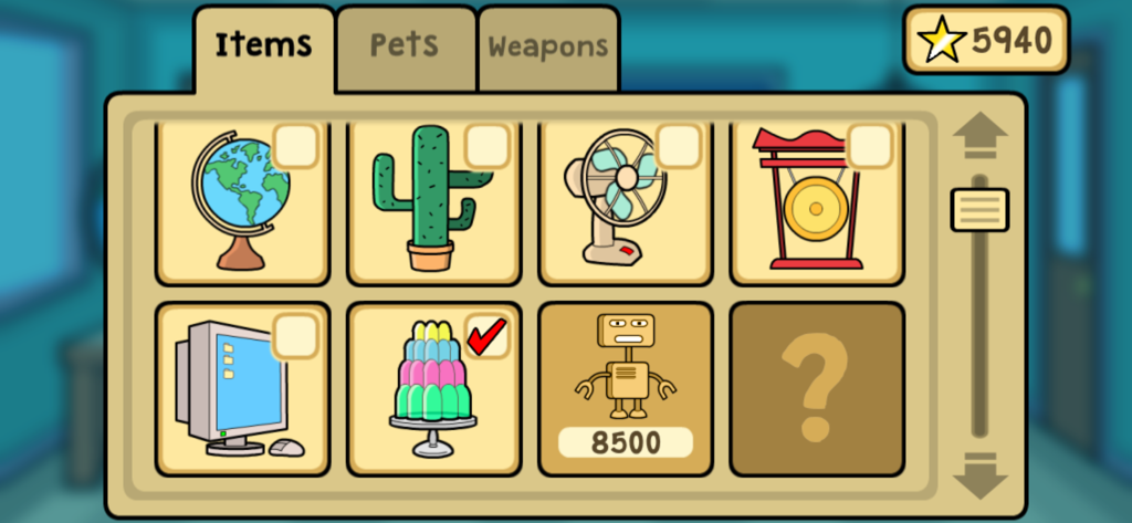 Bash the Teacher! School Prank - バッシュ・ザ・ティーチャー！のアイテムメニュー画面。いたずらのためにアンロックする地球儀、サボテン、コンピューターなどの学校の机の上のオブジェクトが表示されている。