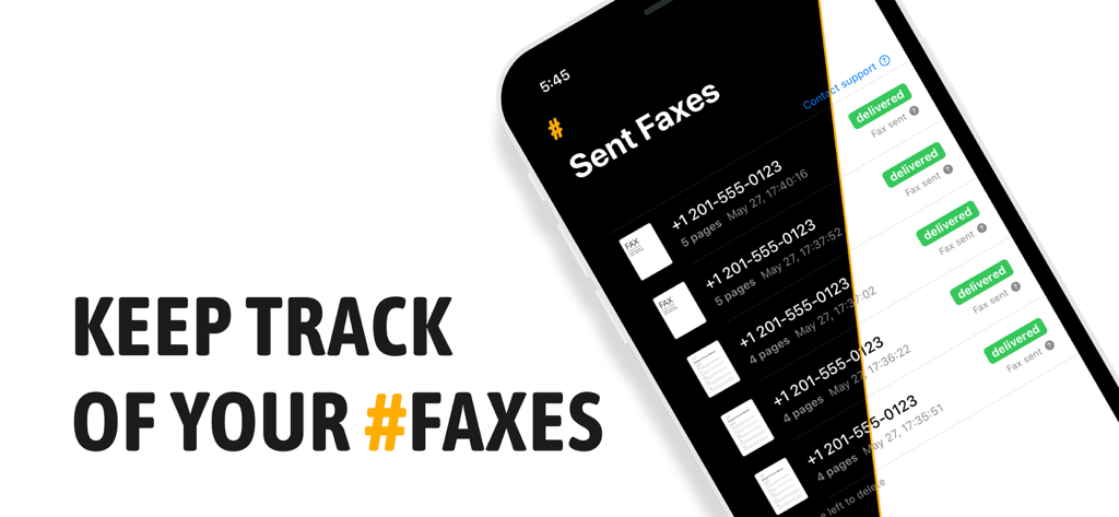 Mobile app screen showing a list of sent faxes with delivery status