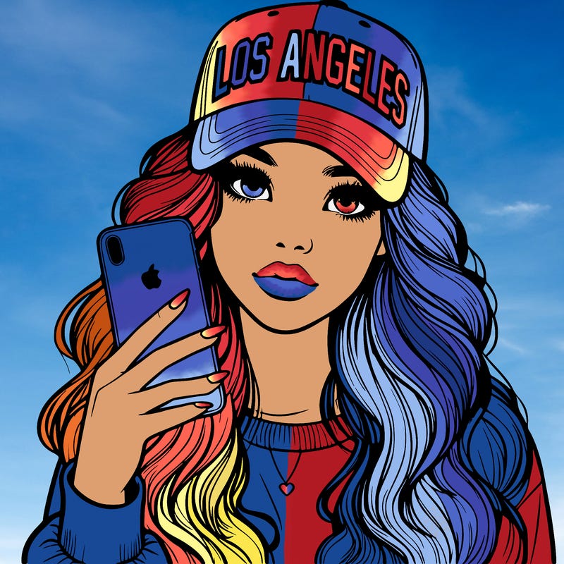 realistic beautiful girl wearing los ángeles cap holding an iphone