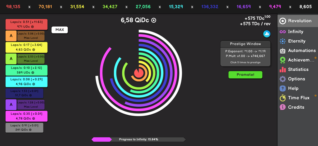 Revolution Idle - Gameplay screenshot of Revolution Idle showing concentric colored circles filling up with a prestige window open