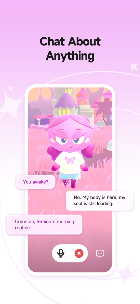 Pooca: Self-care Best Friend - Poocaアプリのチャットインターフェース。心地よい夢のような世界にいるピンクのAIキャラクターとの会話が表示されている。