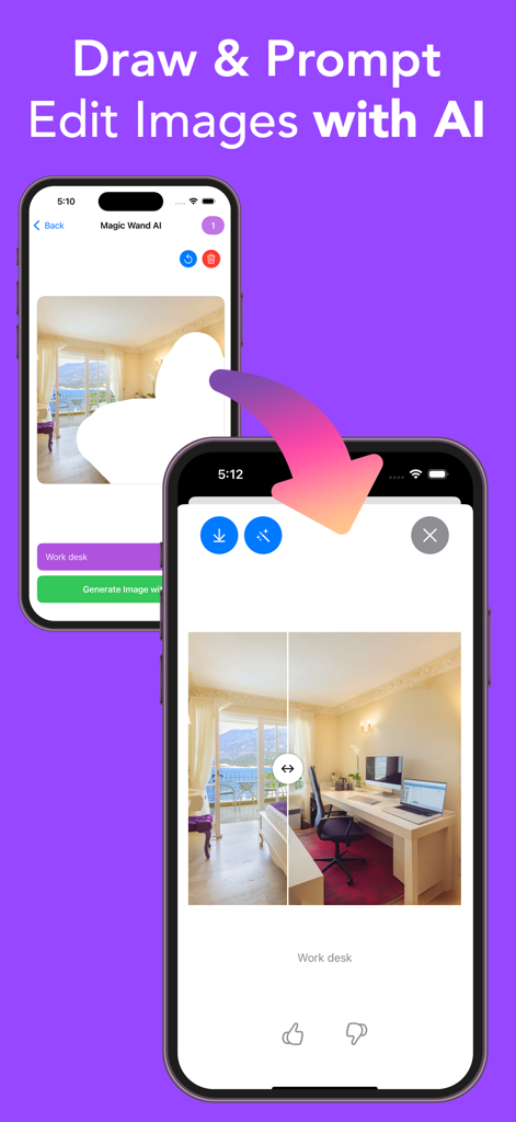Luw AI - AI Home Design - Luw AI app interface showing a room being edited with the Magic Wand tool to add a work desk.