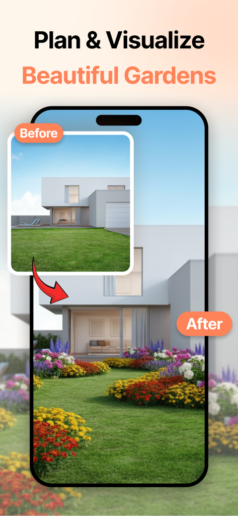Comparação antes e depois de uma reforma de jardim usando software de design de interiores com IA