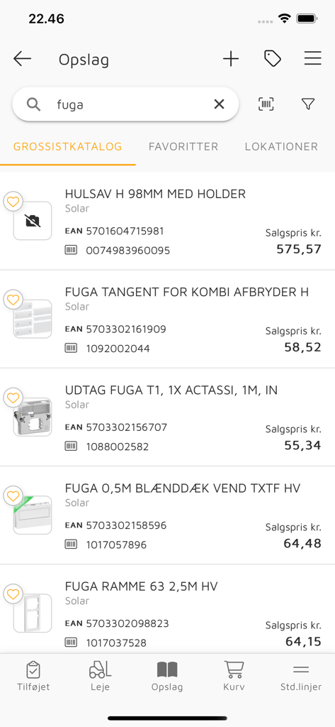 E-Komplet - Pantalla de búsqueda del catálogo de materiales en la aplicación E-Komplet que muestra suministros eléctricos y precios
