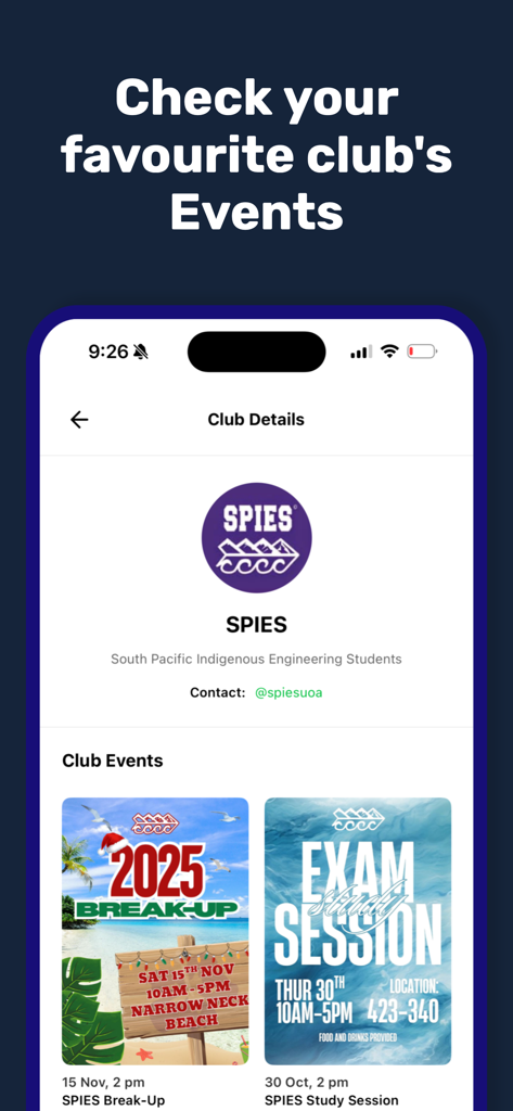 Quad - UoA Student Hub - A mobile screen from the Quad app showing the SPIES club details and upcoming university events.