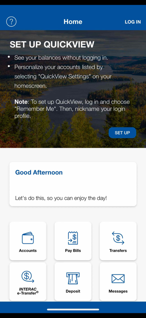 Northern Credit Union mobile app home screen with banking icons and QuickView setup banner
